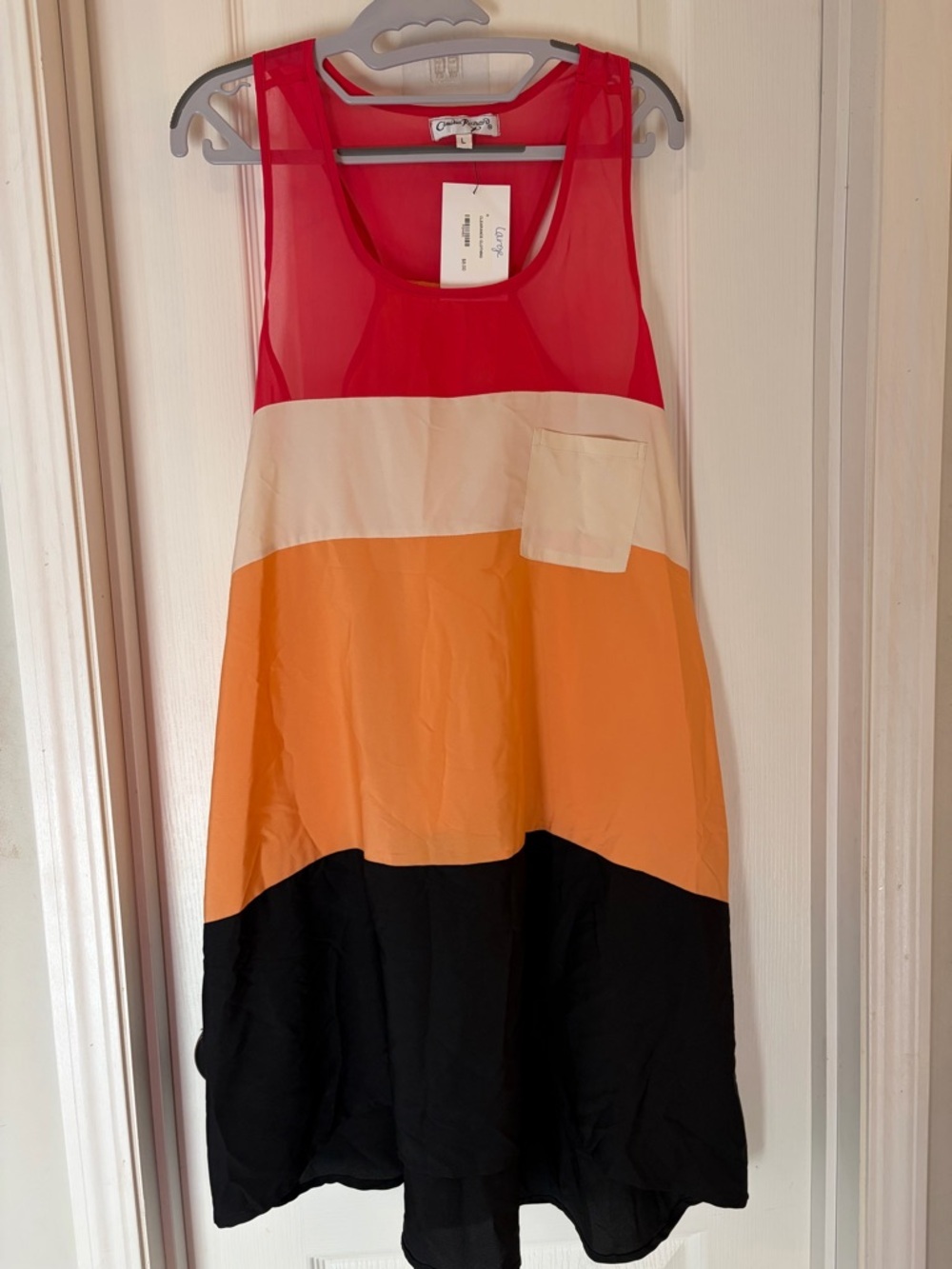 Colorblock Sleeveless Midi Dress — Red, Cream, Orange & Black